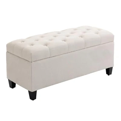 Image de HOMCOM Banc rembourré avec Espace de Rangement Coffre Couloir Chambre Salon Polyester Lin Bois Caoutchouc Blanc crème 100 x 40 44 cm