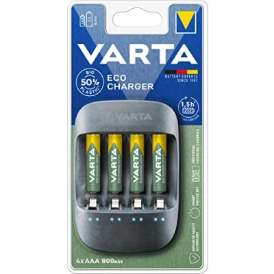 Image de VARTA Chargeur de Piles, incl. 4X AAA 800mAh, charge jusqu&#039;à 4 AA/AAA Piles rechargeables, Eco Charger, chargement à un seul emplacement, fabriqué avec 50% matière bioplastique