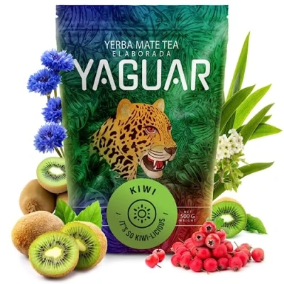 Image de Yaguar Kiwi 0,5 kg Yerba maté fruité du Brésil Saveur douce Puissance caféine naturelle Avec kiwi, citronnelle, bleuet 500 g Méthodes de production traditionnelles