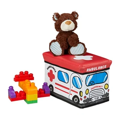 Image de Relaxdays Caisse à Jouets Pliant, Motif, boîte de Rangement avec Espace &amp; Couvercle, rembourré, 27x40x25 cm, Blanc, MDF, PVC, Mousse, Ambulance, 1 pièce