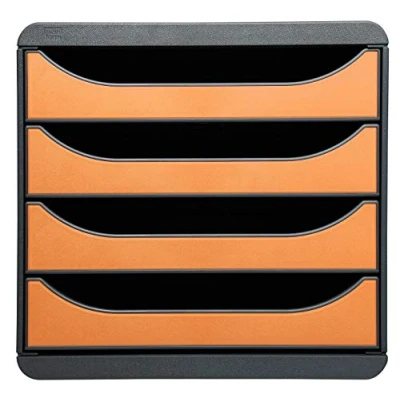 Image de Exacompta Réf. 310788D BIG BOX Caisson 4 tiroirs pour document A4+ Dimensions extérieures : Profondeur 34,70 x largeur 27,80 Hauteur 26,70cm Noir/Tangerine