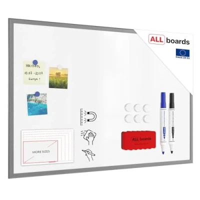 Image de ALLboards Tableau Blanc Magnétique Effaçable à Sec avec Cadre en Bois Argenté 90x60cm