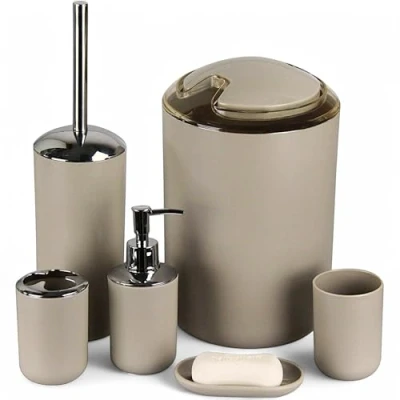 Image de Jeu de 6 accessoires salle bain Dont distributeur savon, brosse WC et porte Beige Design 3