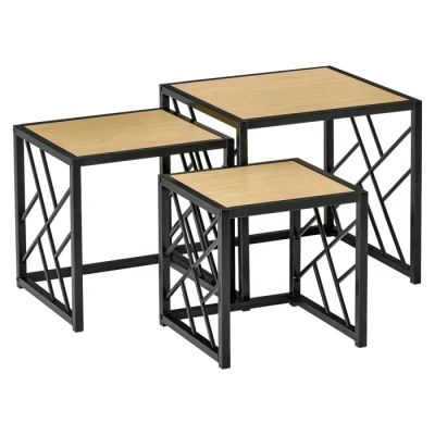 Image de HOMCOM Ensemble de 3 Tables Basses gigognes encastrables Style Industriel métal Noir Aspect Bois Clair