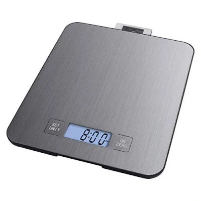 Image de EMOS balance de cuisine murale en acier inoxydable, numérique avec écran LCD rétroéclairage, fonction tare, mesure des aliments, précision jusqu&#039;à 1 g, capacité charge 15 kg