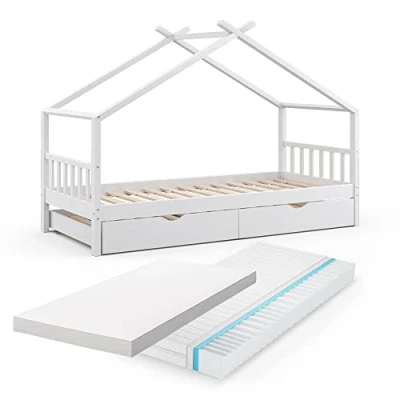 Image de Vitalispa lit cabane Design, Blanc, 90x200 cm avec d&#039;appoint et 2 matelas