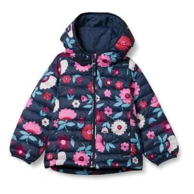 Image de Amazon Essentials Doudoune à Capuche Légère, Paquetable et Résistante L’Eau Fille, Bleu Marine Fleuri, 9 Ans