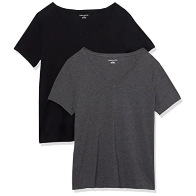 Image de Amazon Essentials T shirt À Manches Courtes et Col En V, Grande taille Femme, Lot de 2, Noir/Charbon Chiné, 4XL