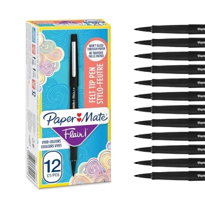 Image de Stylos feutres Paper Mate Flair Marqueurs à pointe moyenne (0,7 mm) Encre noire Pour l’écriture, le dessin et les croquis 12 unités