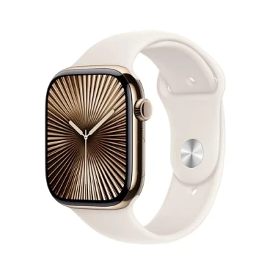 Image de Apple Watch Series 10 (GPS + Cellular 46 mm) Smartwatch mit Titangehäuse in Gold und Sportarmband Polarstern (S/M). Fitnesstracker, EKG App, Always on Retina Display, Wasserschutz