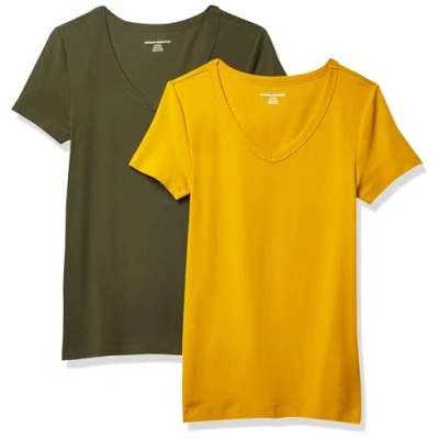Image de Amazon Essentials T Shirt Col en v à Manches Courtes Coupe Ajustée Femme, Lot de 2, Or/Vert Olive, XL