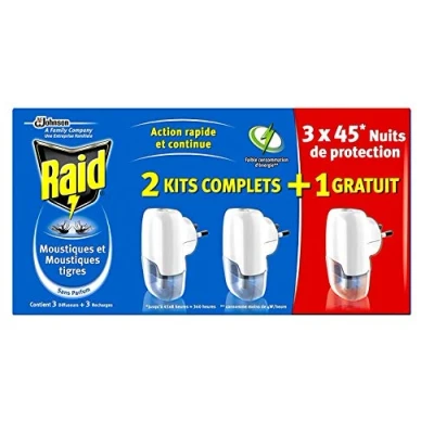 Image de RAID Lot de 3 Diffuseur Electrique 45 Nuits + Recharges sans parfum contre moustiques et tigres action rapide continue