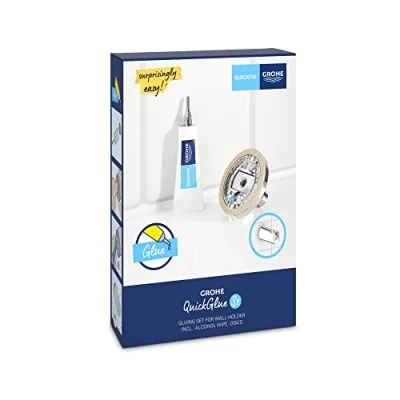 Image de GROHE QuickGlue Set S2, Kit de Collage pour Barres Douches Quickfix (hors Vitalio SmartActive) avec 2 Tubes Colle, Gabarits Montage, Disques et 1 Lingette Imbibée d&#039;Alcool, 41245000