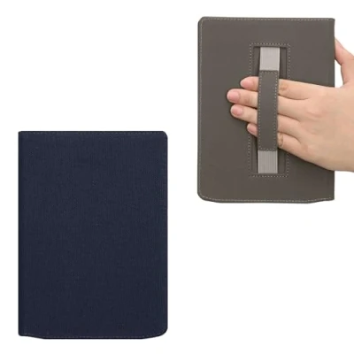 Image de kwmobile Coque Compatible avec Pocketbook InkPad 4 / Color 3 2 Vivlio Étui à Rabat Magnétique pour Liseuse eReader en Toile Sangle Bleu foncé