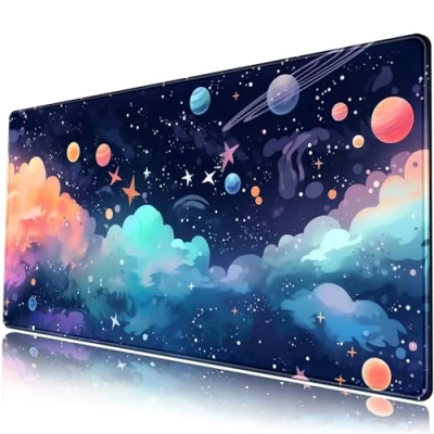 Image de Grand tapis de souris avec cosmos pastel, univers, nuages mignons, jeu, jeu XXL, clavier étendu, 80 x 40 cm, fond en caoutchouc antidérapant, accessoires