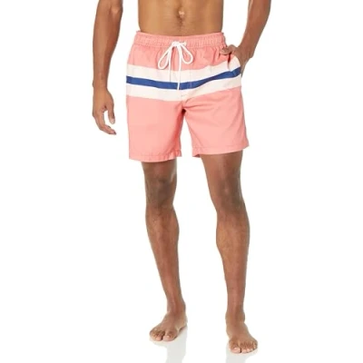 Image de Amazon Essentials Short de Bain à Séchage Rapide Entrejambe 18 cm couleurs abandonnées Homme, Bleu Rose Corail Rayures, M