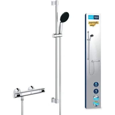 Image de GROHE Precision Flow Mitigeur Thermostatique Douche, Ensemble de Douche 1 jet avec barre 90cm, Economie d&#039;eau, A coller QuickGlue ou à visser, Chromé, 34805001