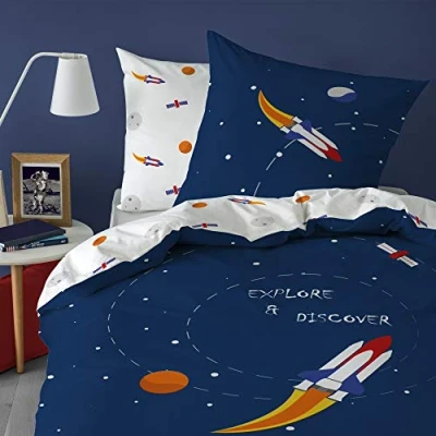 Image de MATT &amp; ROSE Parure de Lit Enfant Explore Space 140x200 cm 100% Coton Oeko TEX Housse Couette 1 Personne Taie d&#039;oreiller 63x63 Imprimés Réversibles Bleu