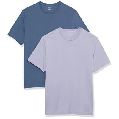 Image de Amazon Essentials T shirt en Coton à Col Rond Manches Courtes, Coupe Classique Homme, Lot de 2, Bleu Délavé/Lavande, L