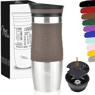 Image de Milu Mug Isotherme Etanche 370ml 450ml Thermos café thé I Tasse Isolée pour et à emporter, Double Paroi sous Vide, Acier Inoxydable de voyage Chaud &amp; froid (Marron, 370ml)