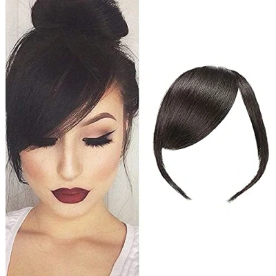 Image de Pince à Franges Latérales Épaisses En Vrai 100% de Cheveux Humains Extensions Droites (Couleur Noire Naturelle, avec Branches)