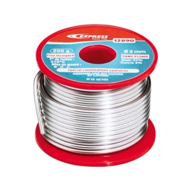 Image de Express, 12890, Accessoire pour Fer à Souder, Soudure Étain Assemblage Cuivre, Laiton, Canalisations Sanitaires (Eau Potable), 97% et 3% Cuivre (Sans Plomb), 200 g, d 2 mm, Flux incorporé