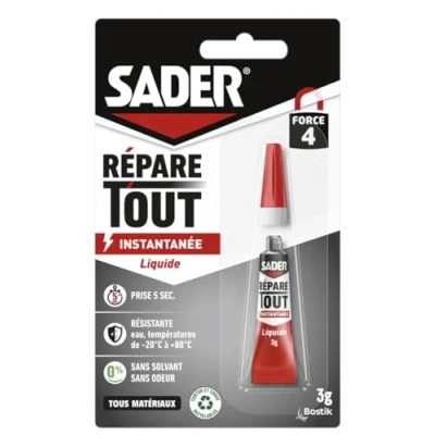 Image de Sader Colle de Réparation Répare Tout Liquide Extra Forte Prise Instantanée en 5 secondes Efficace sur Tous Matériaux Sans Odeur et Solvants Transparent 1 Tubes 3 g