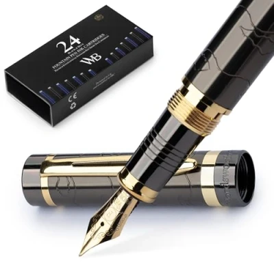 Image de Wordsworth &amp; Black Ensemble de stylos plume Primori [Or Bronze] Pointe fine étui cadeau 24 cartouches d&#039;encre convertisseur recharge, manuel, journal intime, calligraphie, à écriture fluide