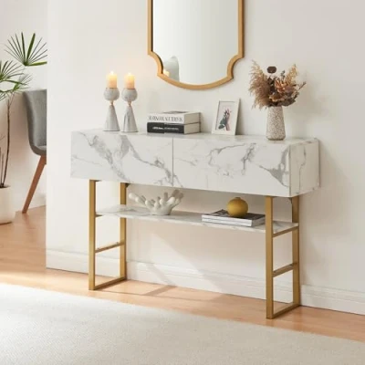 Image de [en.casa] Table Console Design Industriel d&#039;Appoint Rectangulaire Salon Entrée 2 Tiroirs et Surface de Rangement Métal Panneau Particules 75 x 120 30 cm Or Effet Marbre Blanc