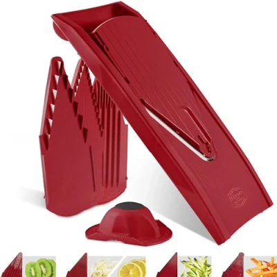 Image de Börner Mandoline V1 ClassicLine (Starter Set) Réglable pour légumes &amp; fruits Avec 4 Inserts, Porte Coupe tranches, lamelles dés Rouge