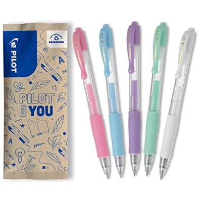 Image de Pilot Lot de 5 G2 Stylos roller Encre gel rétractables et rechargeables effet pastel Rose pastel, Bleu Violet Vert Blanc Pointe moyenne