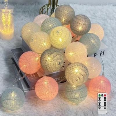 Image de Ciskotu Guirlande Lumineuse Coton Boules, 20 LED USB Dimmable Boule avec Télécommande et Minuterie, Intérieur pour Chambre Enfant Noël Fête (Macaron)