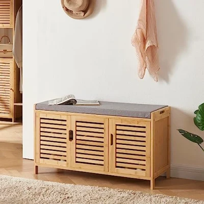 Image de [en.casa] Banc à Chassures avec Coussin d&#039;Assise Rembourrée Meuble d&#039;Entrée Compartiment de Rangement Organisateur Bambou Polyuréthane Polyester 50 x 90 35 cm Naturel Gris