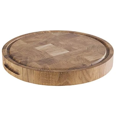 Image de APS planche à découper fromage en chêne huilé, ∅ 33 cm, H : 4.5cm, bois avec rainure pour le jus, pieds antidérapants et poignée encastrée, sans couvercle