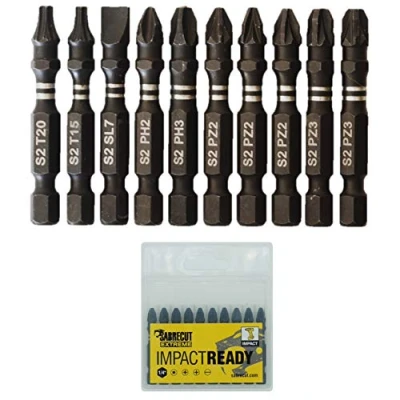 Image de 10 x SabreCut SCPC50_10 50 mm PZ2 PZ3 PH2 PH3 SL7 T15 T20 Jeu d&#039;embouts de tournevis à percussion Pozidriv POZI Phillips No.2 No.3 Fente No.7 Torx 15 12 Heavy Duty avec boîte rangement