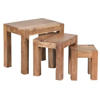Image de FineBuy Tables gigognes Ensemble Trois pièces Bois Massif Acacia 50 x 45 36 cm Table de Salon d&#039;appoint Style Maison Campagne Meubles en Basse