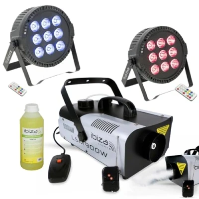 Image de Pack Lumière Machine à Fumée Ibiza LSM900W 2 THINPAR 9X6W RGBW Projecteurs DMX Liquide Soirée Fête Mariage Animation