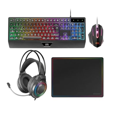 Image de MARSGAMING MCP124PRO, Combo Gaming 4en1, Clavier RGB H Mech avec Repose Poignets, Souris 3200DPI et Switches HUANO, Casque FRGB, Tapis Nanotextile 36x26cm, Multiplateforme, Espagnol, Noir