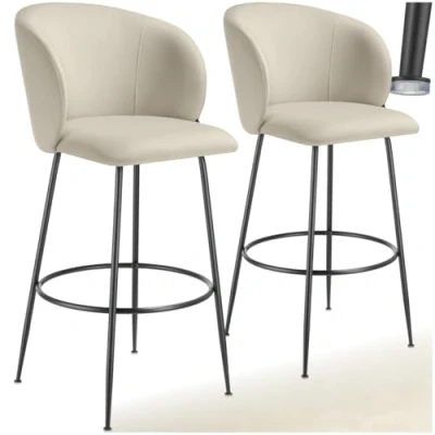 Image de TABOURET de bar TECTAKE Lot 2 tabourets LUANA rembourrés avec dossier aspect velours et repose pieds Crème/Noir