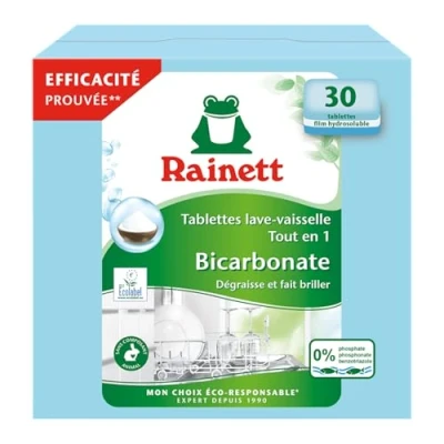 Image de RAINETT Pastilles Lave Vaisselle Tout en Un au Bicarbonate Résultat Brillant, Sans Traces Etui Carton Recyclé &amp; Recyclable Ecolabel 30 Tablettes