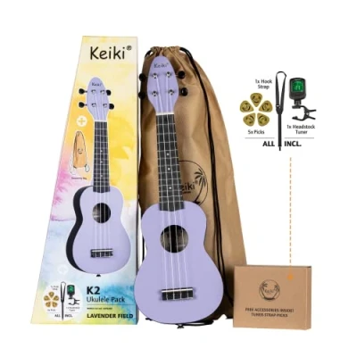 Image de Ortega Guitars Ukulélé Soprano violet Keiki K2 Kit de démarrage incluant Accordeur, Courroie, 5 Médiators Medium et Sac à cordon pastel/lavender field (K2 LAF)