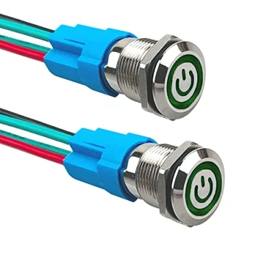 Image de Aiqeer 2 Pièces 12 mm Commutateur Bouton Poussoir Auto Bloquant, 12V / 24V 3A Interrupteur à en Acier Inoxydable Étanche IP66, avec Prise Pré Câblée (LED Vert)