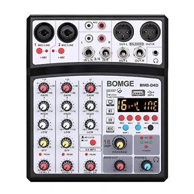 Image de BOMGE Console de mixage audio Echo DJ 4 canaux 16 DSP avec MP3 USB Bluetooth, enregistrement stéréo, alimentation fantôme 48 V (04D Balck)