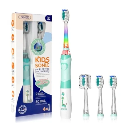 Image de Seago Brosse à dents pour enfants avec lumière colorée et 4 têtes de extra douces, minuterie 2 minutes, convient aux plus 3 ans SG977(Vert)