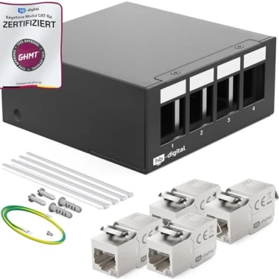 Image de HB DIGITAL Panneau de brassage 4 ports 1 HE x CAT 6a RJ45 Module Keystone Jack Certifié GHMT Entièrement blindé STP 10 Gbps Compatible avec les câbles pose Câble réseau LAN Noir