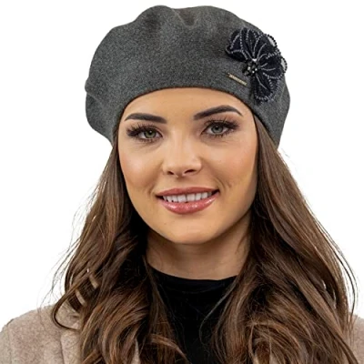 Image de VIVISENCE Béret Femme pour L&#039;automne Et l&#039;hiver Élégant en Laine avec Décoration Florale Idéal Les Jours Froids Confortable Flexible Adapté À Toutes Les, Gris Foncé,Taille Unique