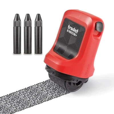 Image de Trodat ID Protector+ Rouleau encreur (rouge) Tampon de protection contre le vol d&#039;identité avec boîte intégrée et ouvre lettres (3 en 1) 3 recharges d&#039;encre