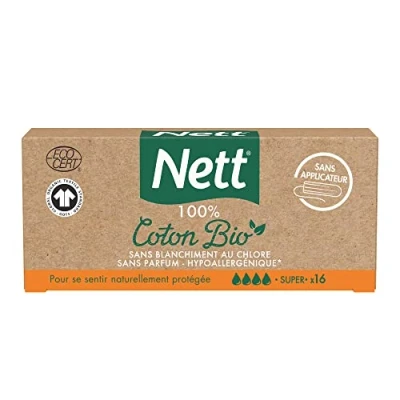 Image de Nett Tampons 100% coton Bio Super sans Applicateur (boîte de 16 pièces) en non blanchis au chlore et parfum hypoallergéniques avec rainures incurvées
