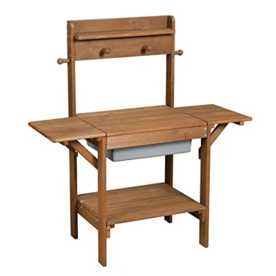 Image de roba Cuisine Sable et Eau en Bois Massif Midi + Bac Plastique avec son Couvercle Amovible de 18 Mois à 8 Ans Table Boue pour Jeux d&#039;Extérieur Lasuré Teck