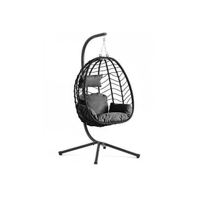 Image de CONCEPT USINE Fauteuil Suspendu Noir en Résine Tressée Rotin Naturel Design Lima Structure Acier Coussin Déhoussable Revêtement Poudre Hamac Assis Waterproof, Résistant